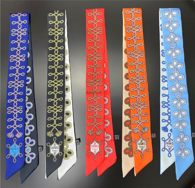 China C201 South Korea new small brand fashion scarf tassel print ribbon silk scarf 90cm*5cm long female foreign hair silk belt for sale