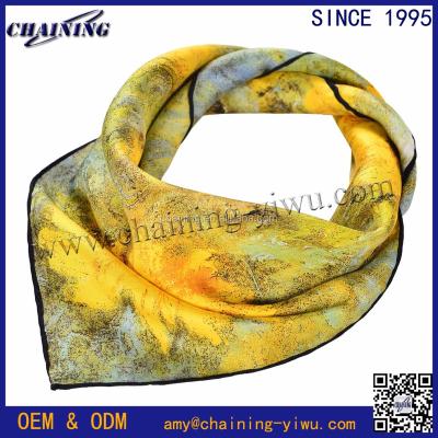 China Square Flower Collage Paraffin Oil Women Small Black Fashion Painting Silk Head Van Gogh Head Scarf 100% Hair Wrap 20 Inches for sale