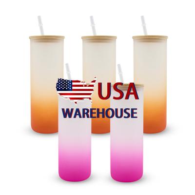 China Sustainable USA Wholesale Custom logo Sublimation Blank Mug 16oz 20oz 25oz Frosted Gradient Color Printing Glass straight Tumbler for sale