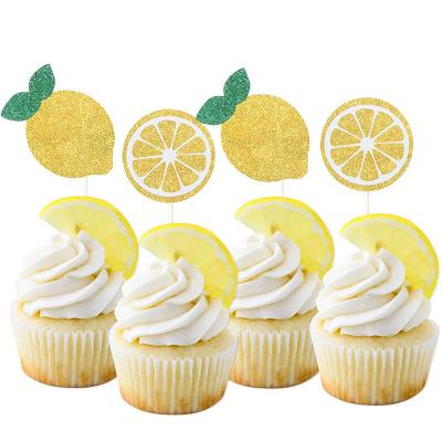 China 12pcs Cake Topper Birthday Party Cupcake Summer Eco-friendly Lemon Wholesale Glitter Paper Fruit Theme Party Cake Insert for sale