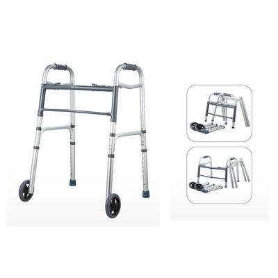 China Adult Durable Medical Equipment Dual Button Aluminum Folding Walker With 2 Wheels for sale
