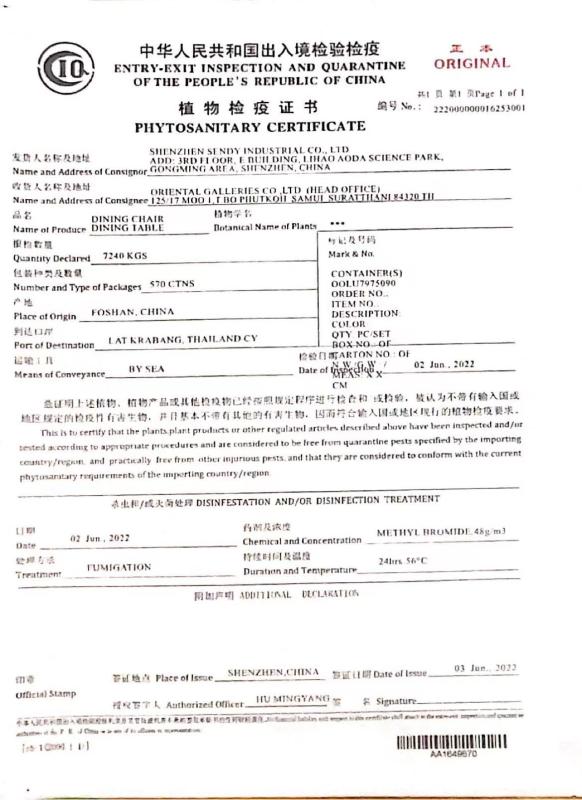 phytosanitary certificate - Sendy Furniture CO., LTD