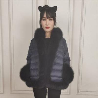 China Elegant Style Breathable Ladies Fashion Wholesale Custom Made Women Fluffy Fox Fur Trim Collar Mid Length Nylon Down Jacket for sale