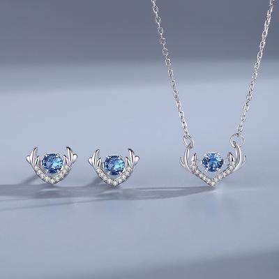 China CLASSIC Korean Jewelry 925 Silver Deer Antlers Jewelry Set Blue Zirconia Studs Earrings and Women Necklaces for sale