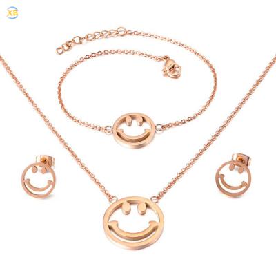 China Cute Smiling 3pcs Set Rose Gold Women Stainless Steel Necklace Set for sale