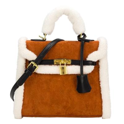 Cina borsa del velluto di Brown della peluche della lana d'agnello O della borsa di cuoio delle donne di 25cm in vendita