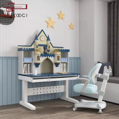 China Adjustable Height Modern Kids Adjustable Reading Table And Chair Set Castle Blue Pink Creative Kids Study Solid Wood Desk for sale