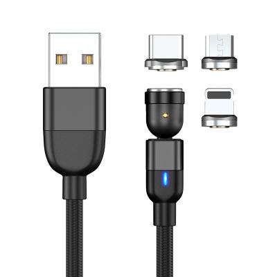 China Nylon Type Braided 540 Degree Rotating Magnetic Charger 3 In 1 Mobile Phone 3A Fast Magnetic Usb Charger Cable for sale