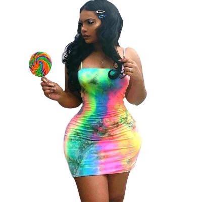 China 2021 New Arrivals Women's Tie Dye Mini Spaghetti Strap Sexy Backless Bodycon Summer Anti-Static Casual Dress for sale