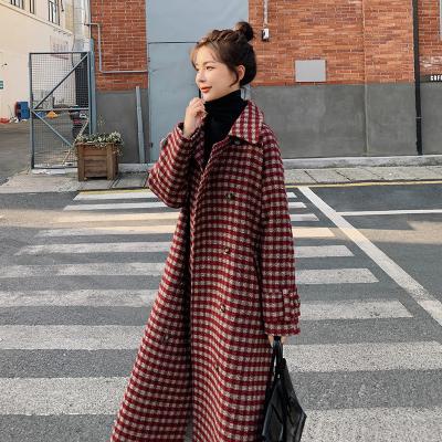 China Anti-wrinkle fashion plaid wool mid length loose size Hot-wholesale popular woolen coat for sale