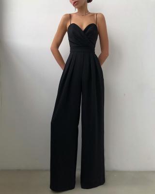China 2022 High Quality Summer Women's Breathable Sexy Deep V-Neckline Sleeveless Gather Waist Bow Strap One-piece Overalls for sale