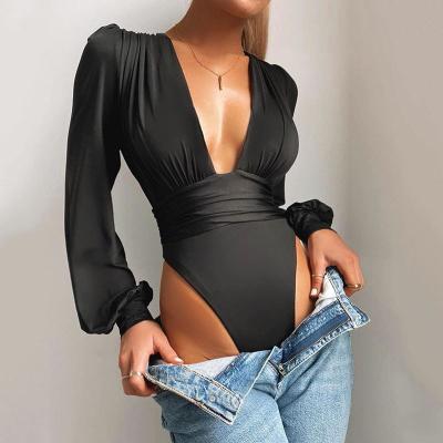 China 2021 Spring Fashionable One Piece Anti-pilling Women Plus Size Longsleeve Sexy Deep V-Neckline Tops Jumpsuit for sale
