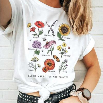 China Anti-Wrinkle 2022 Wholesale Customize Women O Neck Solid Color Digital Print Floral Graphic Casual T-Shirts for sale