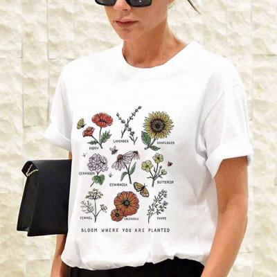China Hot Sale Anti-Wrinkle Bulk Women Fashion Solid Color O-Neck T-Shirts With Floral Print Custom Made for sale