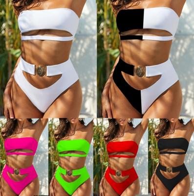 China 2022 Fashion Solid Color Breathable One-Piece Swimsuit Lingerie Women's Metal Decoration Bra And Bikini Cavity Hot Swimwear for sale