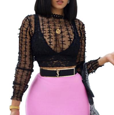 China 2022 Anti-pilling 2022 Women Fashion Sexy Black Mesh See Through Crop Top Shirt for sale