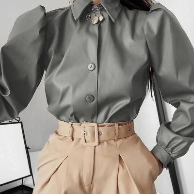 China Hot Sale Anti-pilling Solid Color Turn Down Collar Puff Long Sleeve Pu Leather Ladies Casual Blouse for sale