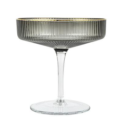 China Elegant Etched Cut Line Long Stem Ice Cream Promotional Glass Cup Long Stem Flute Champagne Gold Edged Glass Cup for sale