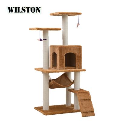 China Various Color Sustainable Cat Tree Wooden Cat Tree House Striping Tree Tower Housing Furniture Cat House for sale