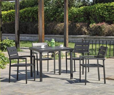 China Comfortable Plastic Wood Brushed Aluminum Dining Table And Chair Garden Set Outdoor Furniture for sale