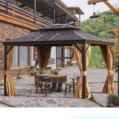 China Gazebo exterior de techo duro de metal exterior gazebo de techo duro de patio con cortina y red en venta