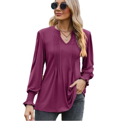 China Anti-pilling 2023 Autumn New T-shirt Cross-border Women's Solid Color Pull Puff Sleeve V-neck Long Sleeve Top for sale