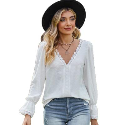 China Breathable Autumn Women Elegant Shirt Long Sleeve Top Eco Friendly V Neck Lace Blouse for sale