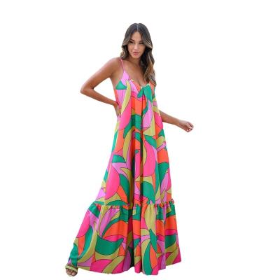 China Anti-Static New Spring and Summer Casual Dresses European American Cross-Border Women's Bohemian Floral Sling Deep V Backless Long Skirt for sale
