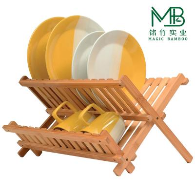 China Bamboo 2-Layer Foldable Dish Storage Rack For Kitchen Countertops for sale