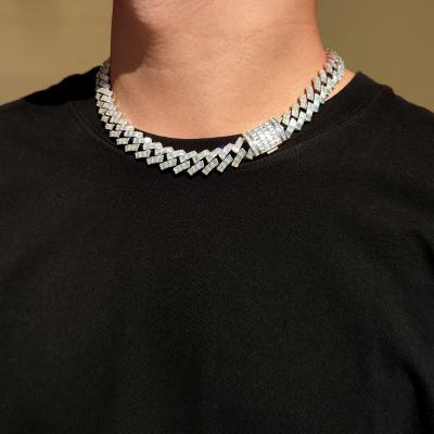 China Hiphop Hip Hop Jewelry 14MM Iced Out Silver Baguette Diamond Cuban Chain Necklace For Men for sale
