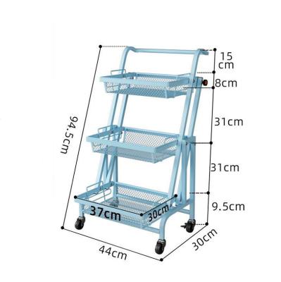 China Household Carbon Steel 3 Tier Kitchen Storage Rack Stand Trolley Foldable Kitchen Organizer Trolley With Wheels for sale
