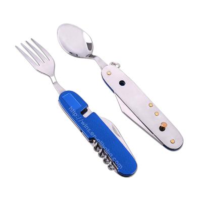 China Camping Utensils Cutlery Set 6 in 1 Spoon Fork Knife Bottle Opener 2 Pack Stainless Steel Folding Detachable Camping Flatware A21-106ALL for sale