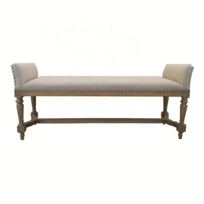 China Removable Antique Wood Mid Century Furniture Frame Oak Armrest Modern Upholstered Seat Foot Stool Ottoman Modern Upholstered Stool For Living Room Wedding for sale