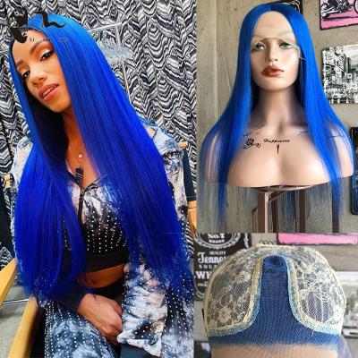 China Blue Colored Lace Front Human Hair Wigs Transparent Silky Straight Wave Lace Front Wigs Pre Plucked Brazilian Straight Glueless Wigs Bleached Knots for sale