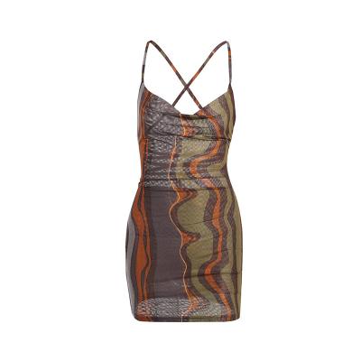 China Breathable flow pattern copy knitted suspender dress European and American women's Autumn Sexy Slim Bag Hip backless short skirt for sale