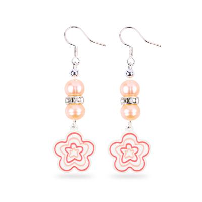 China 8mm Beads Pink Freshwater Pearls Dangle Hook Earrings Flower Charm for sale