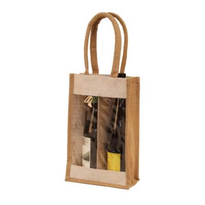China 2 Bottle Handled Jute Carry Bag With Clear Front Panel for sale