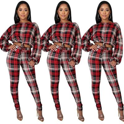 China Latest Design Anti-Static Equipment Women Grow Casual Plaid Sport Tracksuit Set Two Piece Top And Pants Spring Set for sale