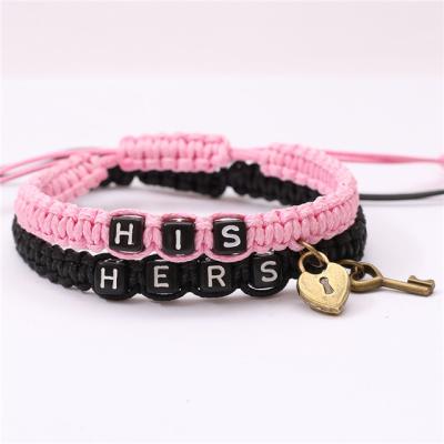 China Fashionable Handmade Waterproof Rope Woven Resin Key Lock His Hers Beads Charms Couples Bracelets for sale