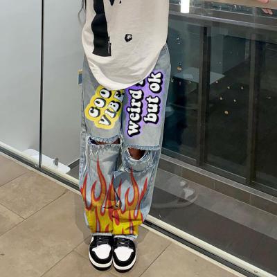 China K&Y Breathable Hip Hop 2022 Style High Street Chic Friend Jeans Women Fashion Graffiti Printed Straight Leg Denim Pants Jeans for sale