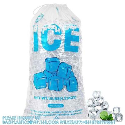 China Reusable Ice Pattern Design Printing 2mil Thickness Heavy-Duty Plastic Ice Cube Storage Bags With Cotton Drawstring for sale