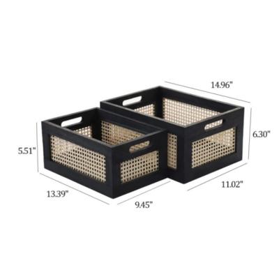 China New Design Sustainable Custom Black Basket Storage Box Rattan Wooden Desk Crate for sale