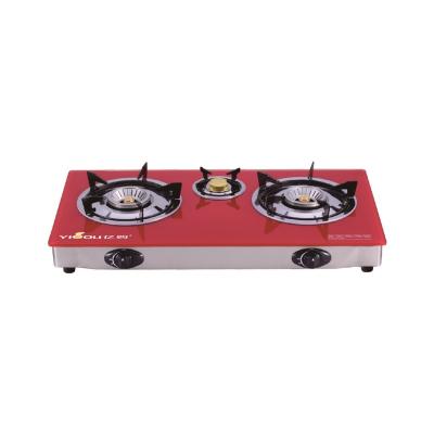 China Hotel Table Gas Stove 3 Burners Factory Price with 2 Steel Burners and Stainless Steel Glass Top Frame for sale
