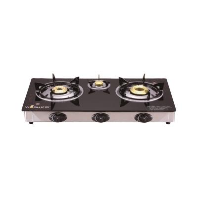 China Hotel Tempered 2D Glass 3 Burner Gas Stove With Stainless Steel Frame for sale