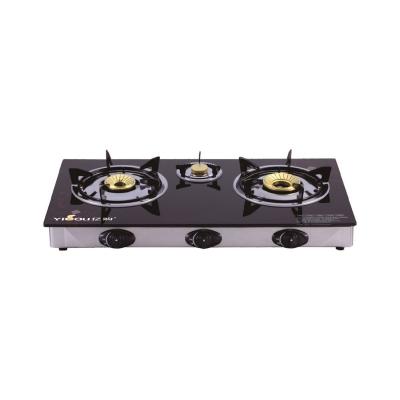 China Cheap hotel factory 3 burner gas stove with 2D glass top and S.S frame. for sale