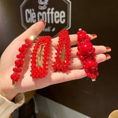 China Red Elegant Korean Design Hair Pearl Fashion Barrette Christmas Snap Clip Eco-friendly Hairpin For Women for sale