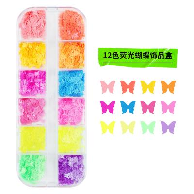 China Plastic 12 Colors Mixed Chunky Glitter Butterfly Flake Neon Nails Designs DIY Nail Art Fluorescent Butterfly Flakes for sale