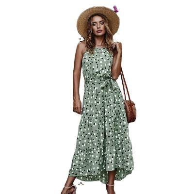 China Long Anti-wrinkle Holiday Style Print Dress New 2021 Summer Women Fashion Lace Up Swing Dot Print Sleeveless O Neck Big Dress for sale