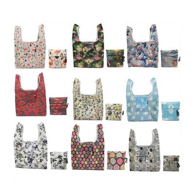 China Reusable Customize Pattern Eco 190T Polyester Portable Recyclable Grocery Foldable Reusable Shopping Bag With Pocket for sale