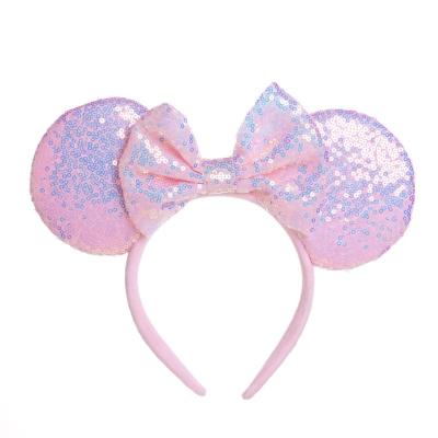 China Decoration Candy Color Glitter Sequin Bow Headband Big Cartoons Show Mickey And Minnie With Ear Hair Circle Cute Girls Paradise Headband for sale